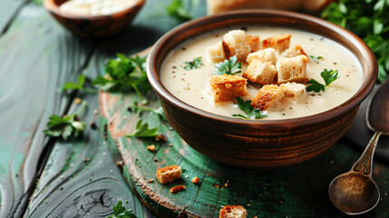Bowl of tasty cream soup with croutons and bread on gr