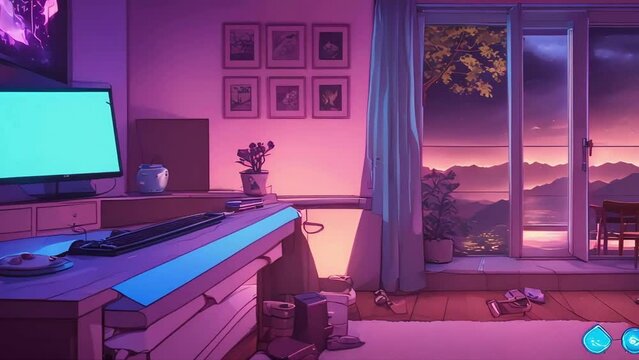Animated Virtual Backgrounds Take You to a Cozy Lo-fi Living Room Amidst a Rainstorm, Ideal for Creating a Relaxing Atmosphere for Your Vtuber Asset Twitch Zoom OBS Setup.

