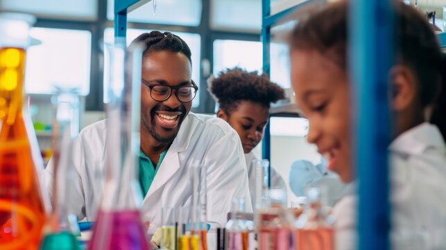 Joyful Science Teacher Guiding Students in a Vibrant Laboratory Class