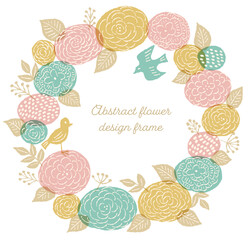 抽象的でおしゃれなお花と小鳥のフレーム（リース）