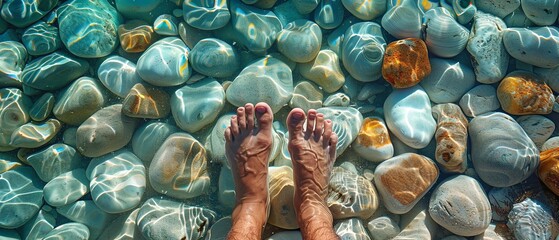 A close shot of a human feet in water with sand and stone a concept of relaxation with a big space for text or product advertisement background, Generative AI.