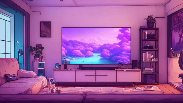 Animated Virtual Backgrounds Take You to a Cozy Lo-fi Living Room Amidst a Rainstorm, Ideal for Creating a Relaxing Atmosphere for Your Vtuber Asset Twitch Zoom OBS Setup.


