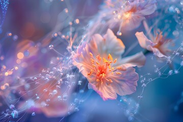 Delicate pink and white flowers with water drops on a blurred blue background.