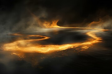 The dark fantasy landscape with a lava river flowing through it. - obrazy, fototapety, plakaty