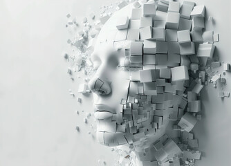 A face made of blocks is shown in a white background. The face is broken into pieces