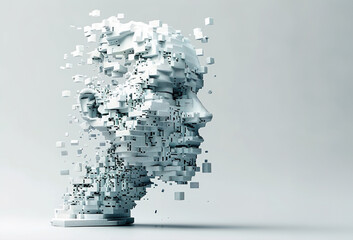 A face made of blocks is shown on a white background