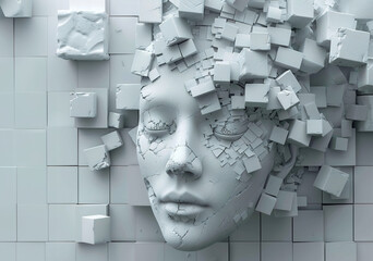 A 3D woman's face is made of blocks - obrazy, fototapety, plakaty