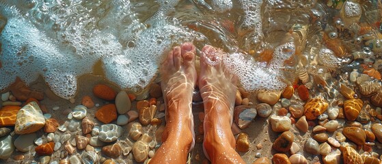 A close shot of a human feet in water with sand and stone a concept of relaxation with a big space for text or product advertisement background, Generative AI. - Powered by Adobe