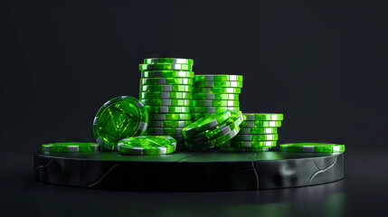 Green casino chips on a black background. - obrazy, fototapety, plakaty