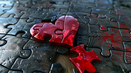 A red heart is laying on top of a puzzle. - obrazy, fototapety, plakaty