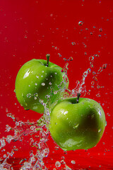 Two green apples are being splashed with water. - obrazy, fototapety, plakaty