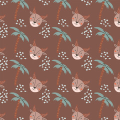 Obraz premium Wild african safari animals pattern in trendy scandinavian style. Cute childish print with tropical jungle portraits of animals.