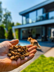 A person holding dog food in front of a house. - obrazy, fototapety, plakaty