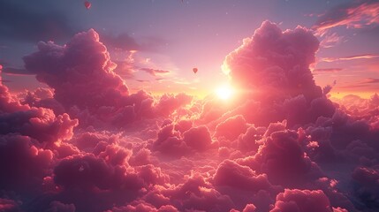 Serene Air Balloon Journey Through HeartShaped Sunset Clouds - obrazy, fototapety, plakaty