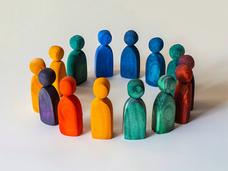 A group of colorful wooden people in a circle. - obrazy, fototapety, plakaty