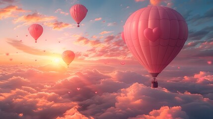 Serene Air Balloon Adventure Drifting Through a Sunset Sky with HeartShaped Clouds - obrazy, fototapety, plakaty