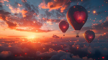 Serene Air Balloon Journey through a Sunset Sky with HeartShaped Clouds - obrazy, fototapety, plakaty