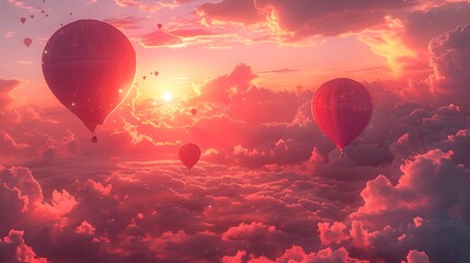 Serene Air Balloon Journey through a Sunset Sky with HeartShaped Clouds - obrazy, fototapety, plakaty