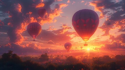 Tranquil Air Balloon Journey through a HeartFilled Sunset Sky - obrazy, fototapety, plakaty