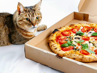 A cat looking at a pizza in a box. - obrazy, fototapety, plakaty