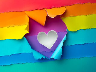 A heart is cut out of a rainbow colored paper. - obrazy, fototapety, plakaty