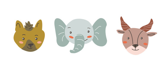 African animals faces set. Cute doodle animal portraits. Hand drawn characters. Tropical and jungle cartoon heads of hyena, elephant and antelope. Wild and exotic pets.