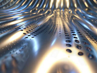 A close up of a metal surface with holes. - obrazy, fototapety, plakaty