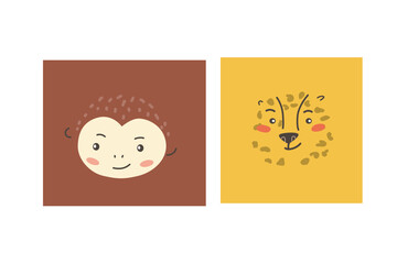 African animals faces set. Cute doodle animal portraits. Hand drawn characters. Tropical and jungle cartoon heads of Animals