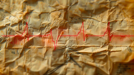 A crumpled piece of paper with an ecg line. - obrazy, fototapety, plakaty