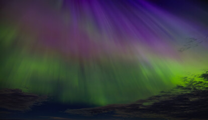 Colourful Northern Lights (Aurora Borealis) lighting up the sky on a beautiful spring night west of Ottawa, Canada
