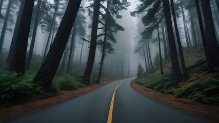 Obraz premium A winding mountain road cutting through dense fog