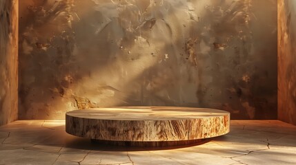 Fototapeta premium Wooden round podium sunlight rustic interior setting on 3d natural wood earthy background warm lighting ambient product display texture eco-friendly