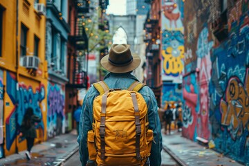 An individual captured from behind as they gaze down a vibrant street lined with grafitti, symbolising exploration and style
