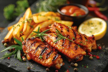 Succulent grilled chicken thighs with herbs alongside golden french fries served with dipping sauce on a dark slate board