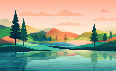 landscape natural trees lake mountains, flat illustration style, minimalism background wallpaper