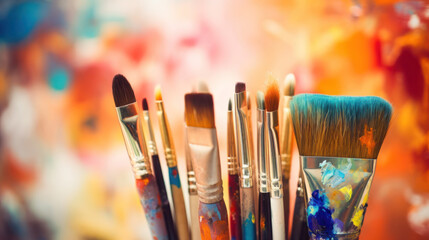 Fototapeta premium brushes on a background of paints, close-up