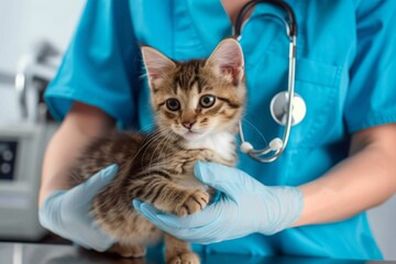 A young female vet examining a kitten Close-up of female vet examining a kitten with stethoscope in vet clinic.