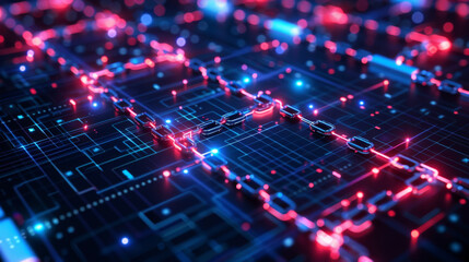 Futuristic visualization of a digital blockchain network with interconnected nodes and blue light.