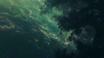 Fototapeta premium background with space. A green and purple intertwined aurora in the night sky, surrounded by the twinkling stars in the dark of the universe.