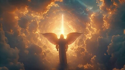 Guardian angel in the clouds of heaven. Spiritual background. Archangel. Heavenly angelic spirit with wings. White angel. Belief. Afterlife. Spiritual Angel. Blessing. Sky clouds with bright light ray
