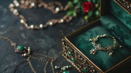 Box with stylish jewelry on grunge table closeup