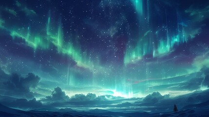 background with space. A green and purple intertwined aurora in the night sky, surrounded by the twinkling stars in the dark of the universe.