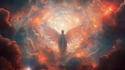 Guardian angel in the clouds of heaven. Spiritual background. Archangel. Heavenly angelic spirit with wings. White angel. Belief. Afterlife. Spiritual Angel. Blessing. Sky clouds with bright light ray
