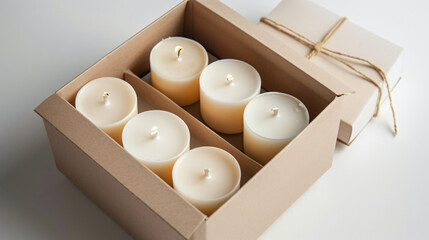 Box with wax candles on white background