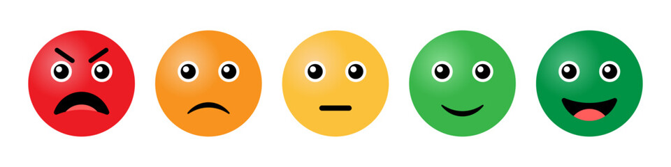 3D Rating emoji in colorful style. Feedback emoticons collection. Excellent, good, neutral, bad and very bad emojis. Flat icon set of rating and feedback emojis icons in colored.