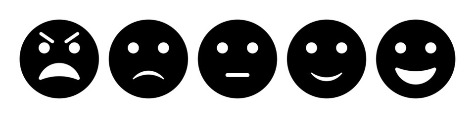Rating emoji set in black and white flat style. Feedback emoticons collection. Excellent, good, neutral, bad and very bad emojis. Flat icon set of rating and feedback emojis icons in black color.