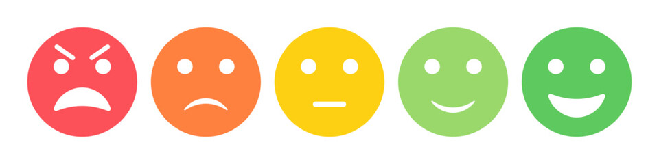 Obraz premium Rating emoji set in colored flat style. Feedback emoticons collection. Excellent, good, neutral, bad and very bad emojis. Flat icon set of rating and feedback emojis icons in colored.