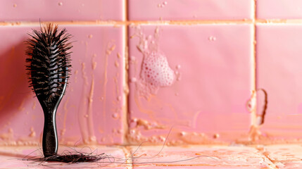 Brush with fallen down hair on pink tile background