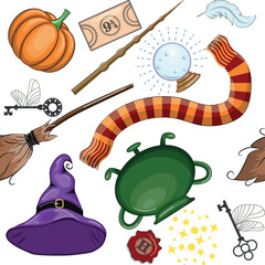 Magic items seamless pattern in flat style. School of Magic. Pumpkin, key, magic ball, feather, spider, hat, broom skull snake