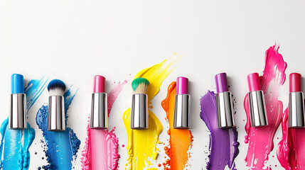Brushes of colorful nail polish on white background